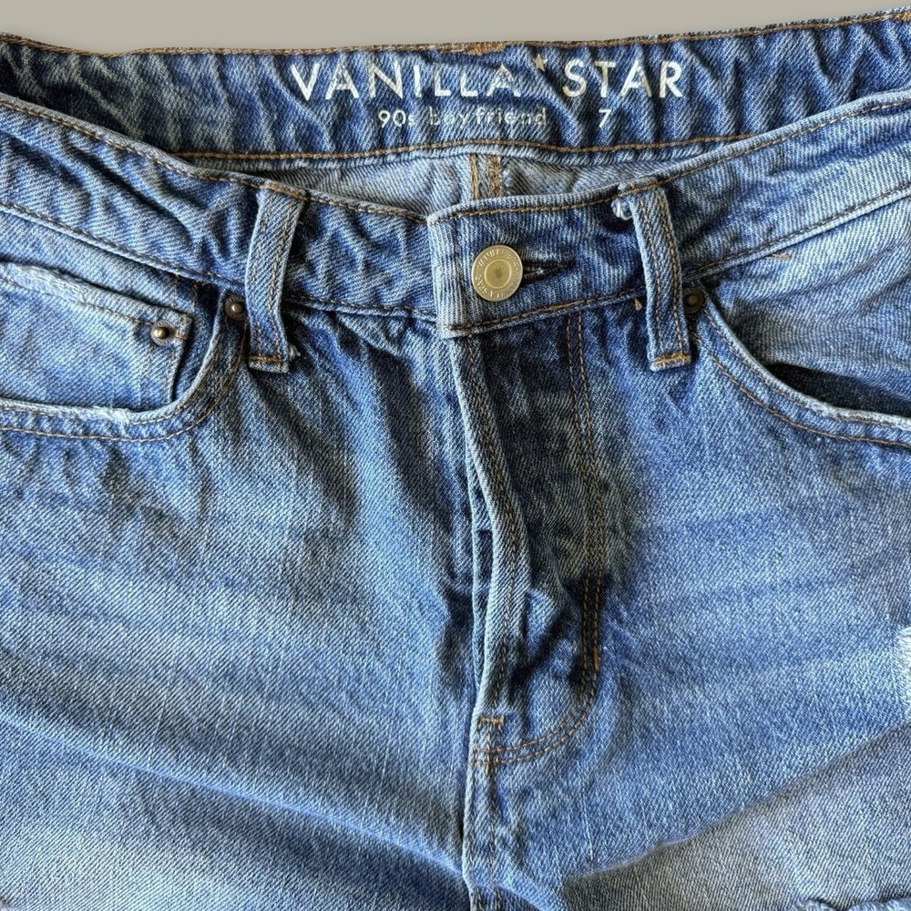 Vanilla Star 90s Boyfriend Jeans Size 7 Blue Distressed High Rise Button Fly - Picture 2 of 5